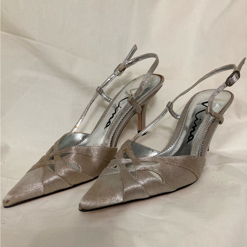 NINA Leather/Silk Sling Back Pumps 6.5M NWOT